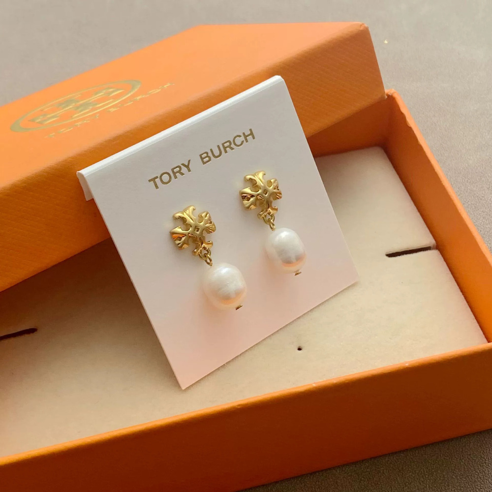 Tory Burch Natural Freshwater Pearl Drop Earrings Metal Inlaid